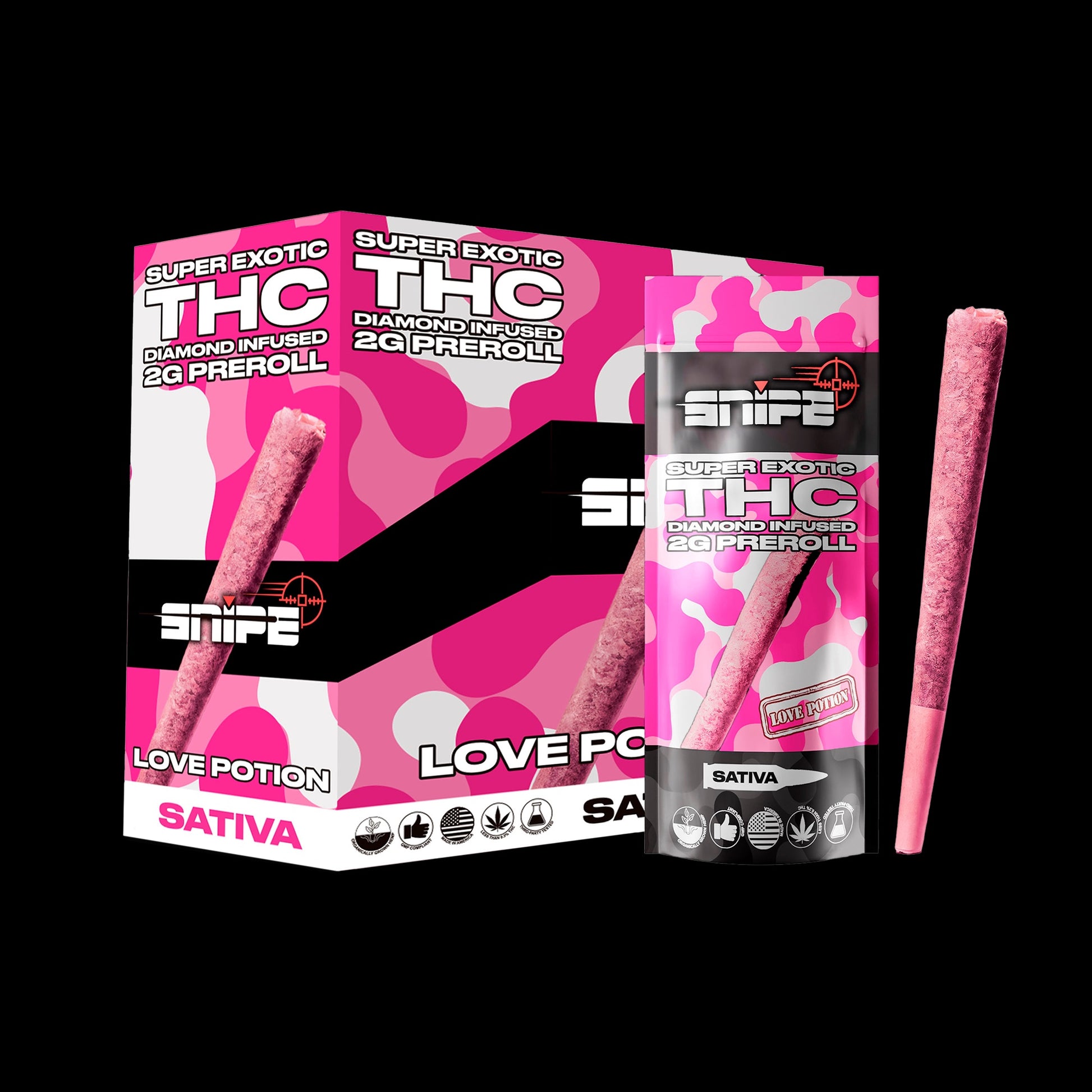 SNIPE X SUPER EXOTIC THC DIAMOND INFUSED SATIVA LOVE POTION 2G PREROLL
