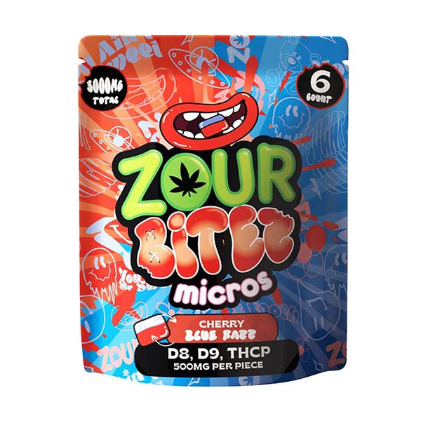 ZOUR BITES D8/D9/THCP 500MG GUMMIES 3000MG/ ZOUR BITES D8/D9/THCP 500MG GUMMIES 3000MG/ PK 6CT/PK 30PK/BOX PK 6CT/PK 30PK/BOX | CHERRY BLUE RAZZ
