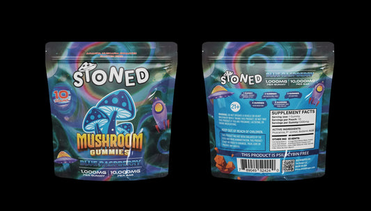 STONED MUSHROOM GUMMIES 10000mg 10/Pk BLUE RASPBERRY RINGS New Barcode