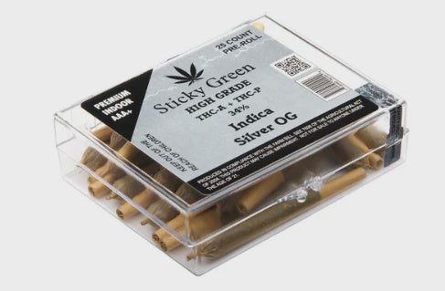 STICKY GREEN HIGH GRADE THC-A/P 1.5g PREROLL w/DOOBIE 25/Box SILVER OG INDICA