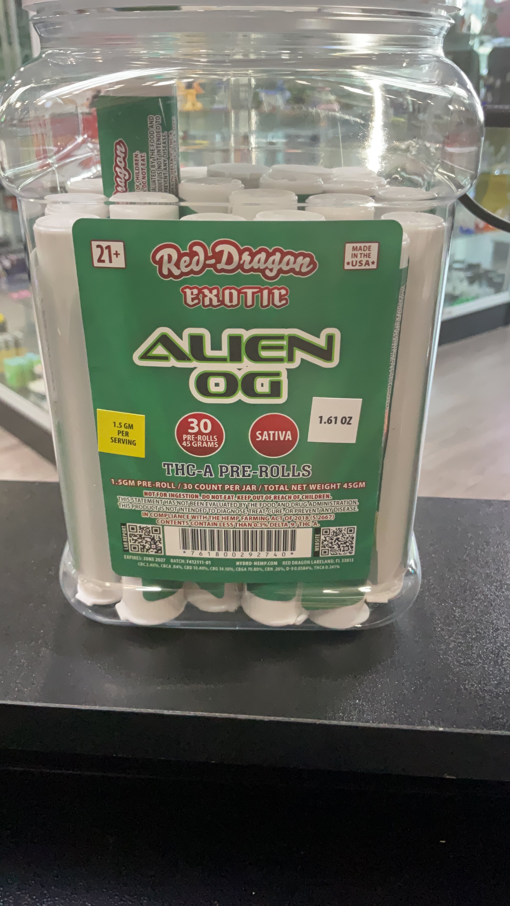 RED DRAGON THC-A EXOTIC 1.5G PRE ROLLS 30CT/ JAR | ALIEN OG (S)