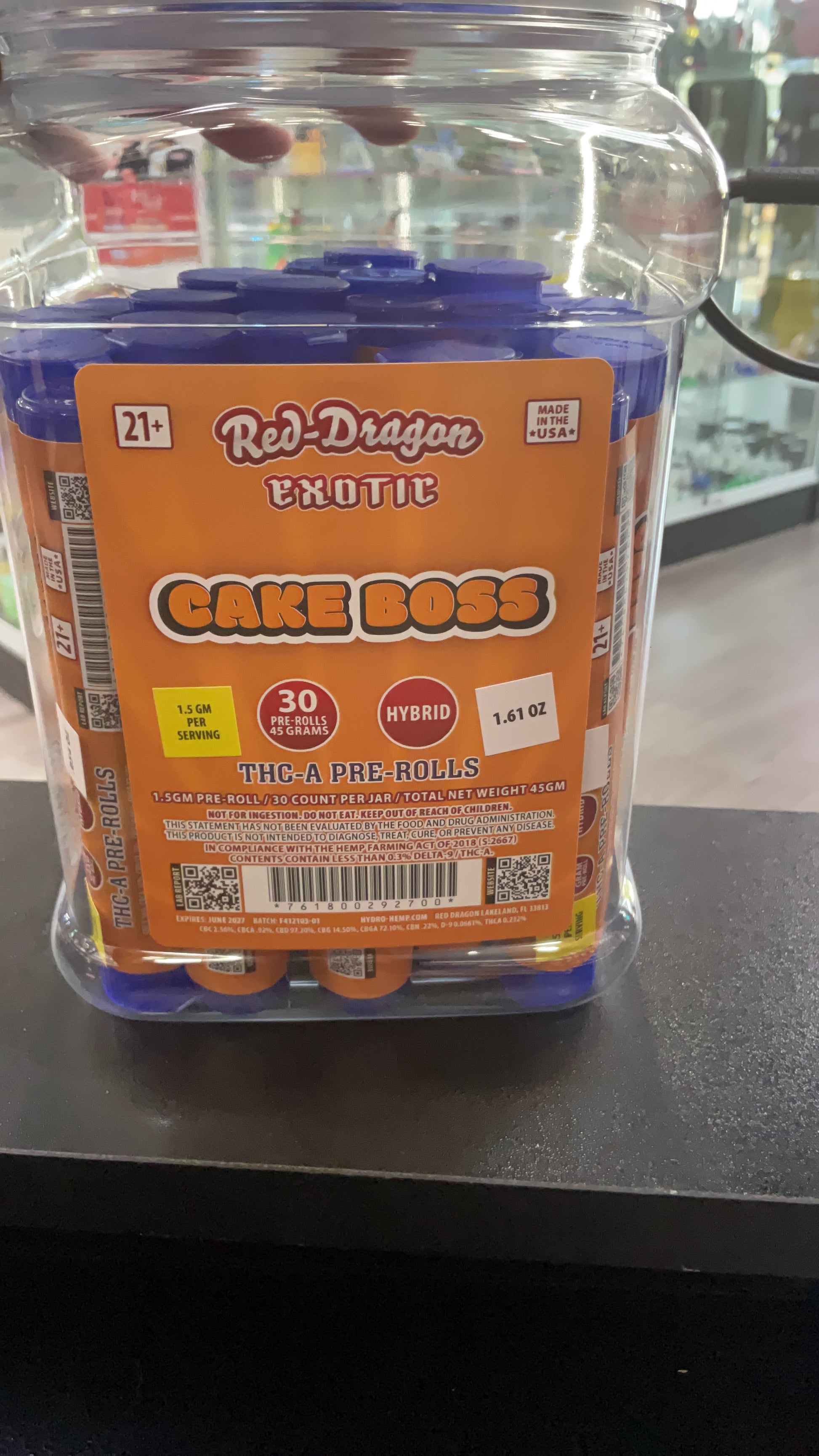 RED DRAGON THC-A EXOTIC 1.5G PRE ROLLS 30CT/ RED DRAGON THC-A EXOTIC 1.5G PRE ROLLS 30CT/ JAR | CAKE BOSS (H)