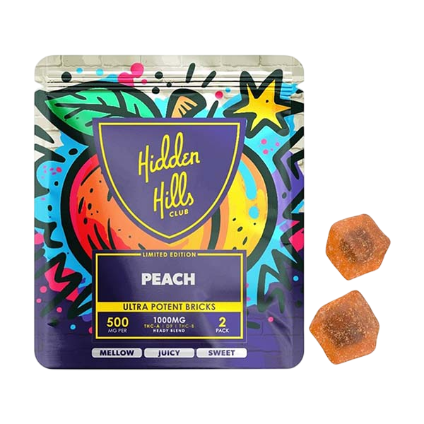 HIDDEN HILLS HEADY Blend ULTRA THC-A/B+D9 1000mg GUMMIES 2/Pk 30Pk/Dispenser PEACH