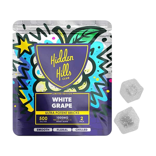 HIDDEN HILLS HEADY Blend ULTRA THC-A/B+D9 1000mg GUMMIES 2/Pk 30Pk/Dispenser WHITE GRAPE