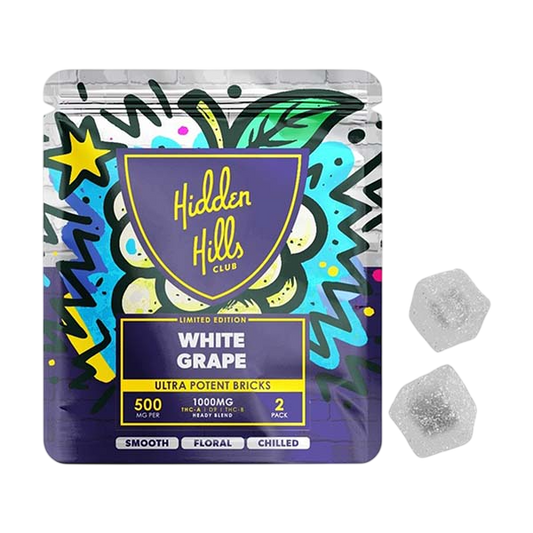 HIDDEN HILLS HEADY Blend ULTRA THC-A/B+D9 1000mg GUMMIES 2/Pk 30Pk/Dispenser WHITE GRAPE