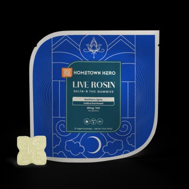 HOMETOWN HERO D9 LIVE RESIN GUMMIES 25MG 10CT NORTHERN LIGHTS INDICA